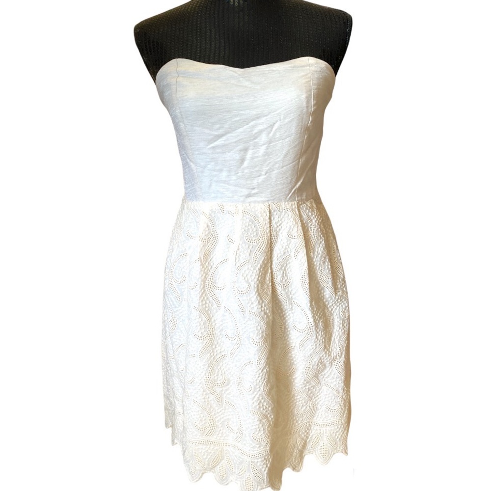 Anthropologie Champagne & Strawberry silk and cotton strapless dress